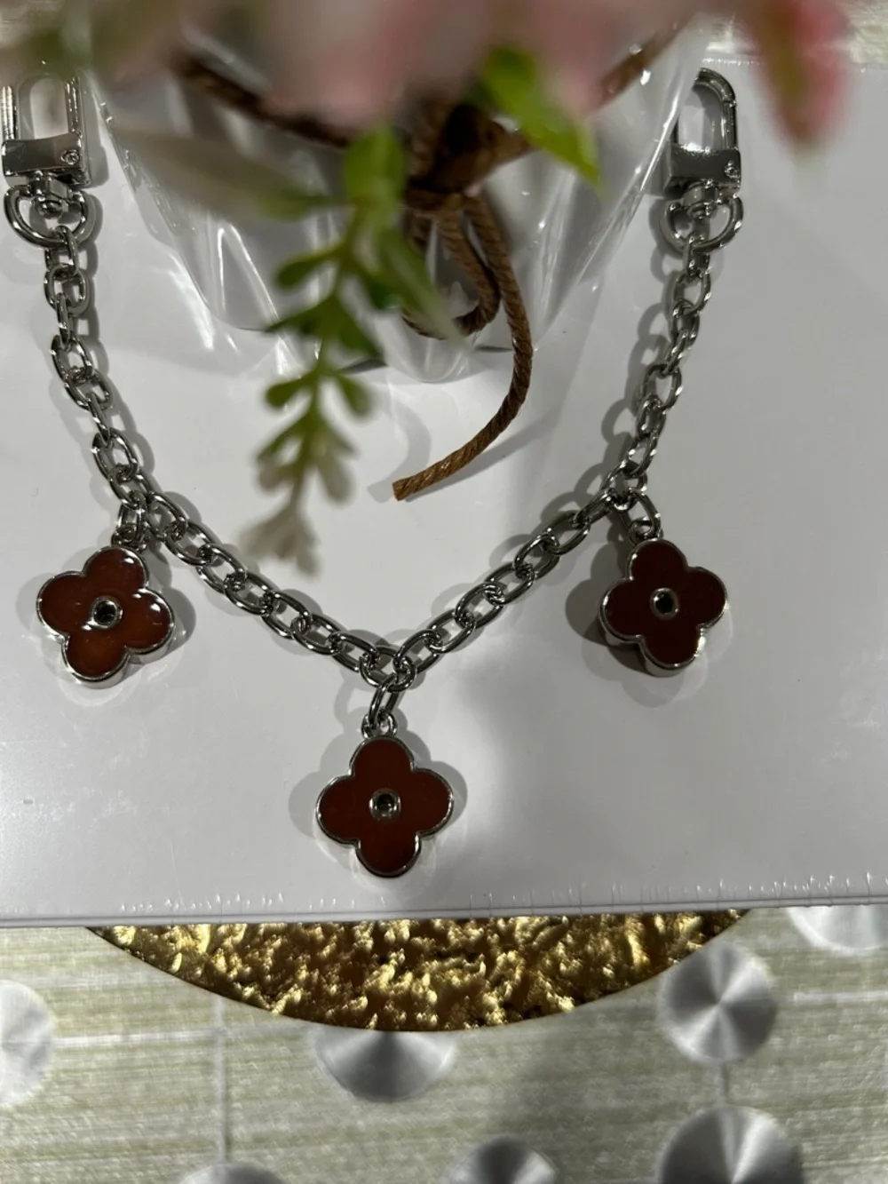 392. Silver Bag Chain with Chunky Double Sided Brown Flower Charms. 10”